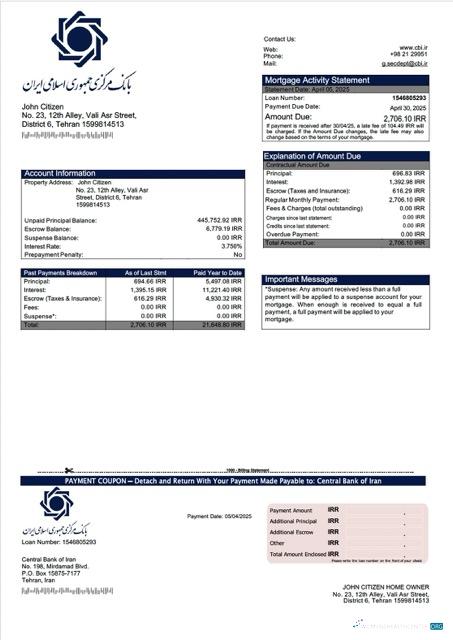 Download Iran Central Bank of Iran mortgage statement Word and PDF template Photoshop template